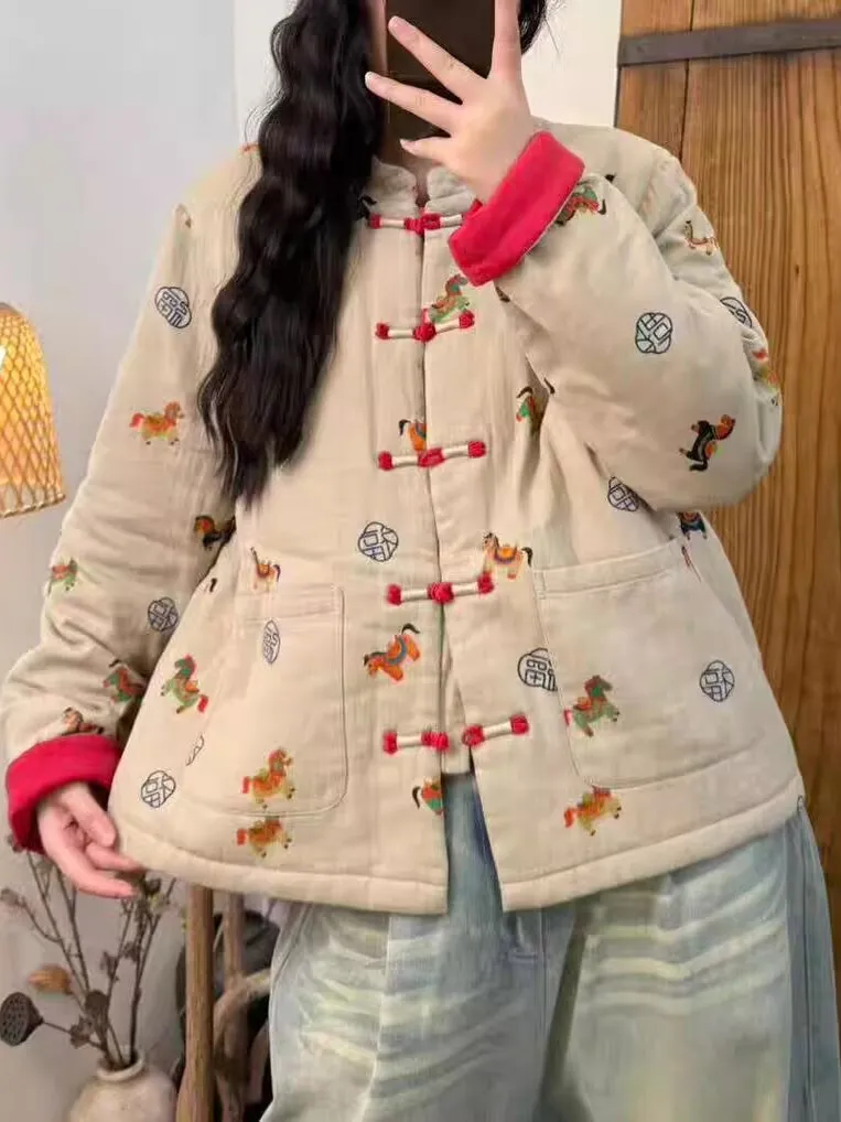 

Authentic Retro Winter Cotton Jaet Buttoned Collar Casual Versatile Chinese National Sle Women's Thiened Long Sve Coat