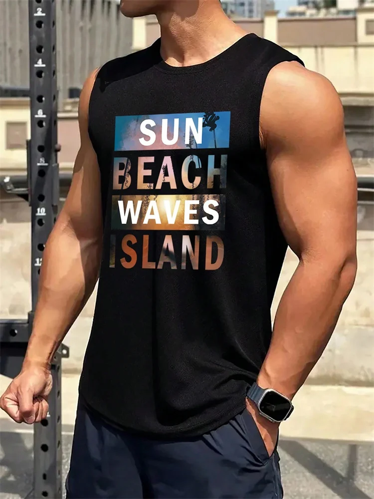 3D Simple Letter Printed Vest New Men\'s Summer Leisure Holiday Clothing Beach Sunbathing Breathable Loose Crew-Neck Vest