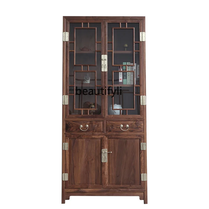 Black Walnut New Chinese Solid Wood Mortise and Tenon Complete Glass Storage Display Tea Cabinet