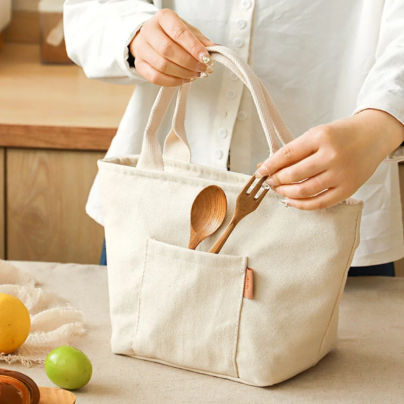 

Versatile Canvas Insulated Lunch Bag With Zipper - Portable Storage Tote For Travel & Picnics, Easy-Clean Square Organizer