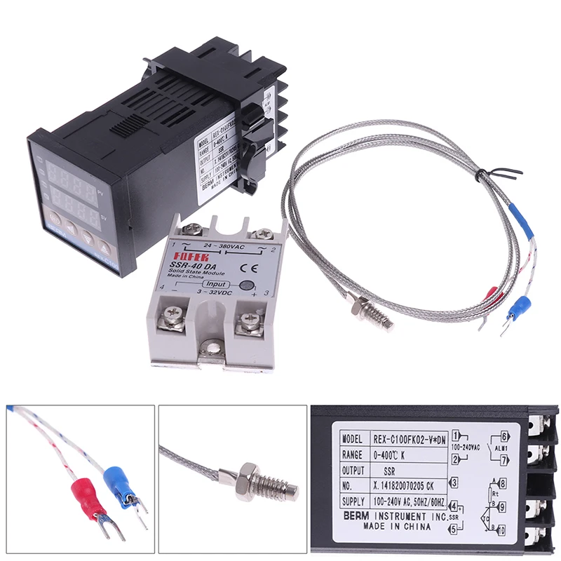 100-240VAC PID REX-C100 متحكم في درجة الحرارة SSR-40A الحرارية