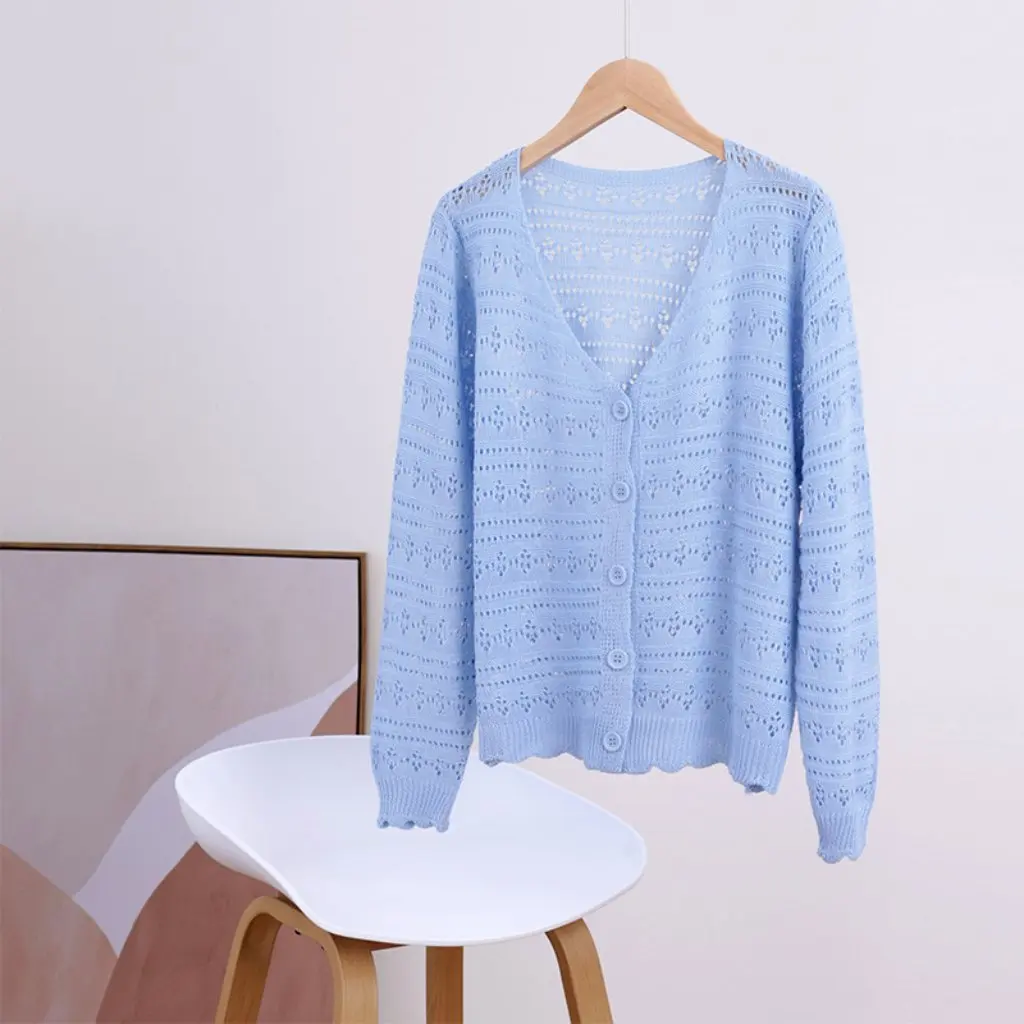 

Women's Cotton Hollow Knitted V-Neck Cardigan Summer Casual Comfortable Air Conditioning Shirt Jacquard Design Outer Jacket