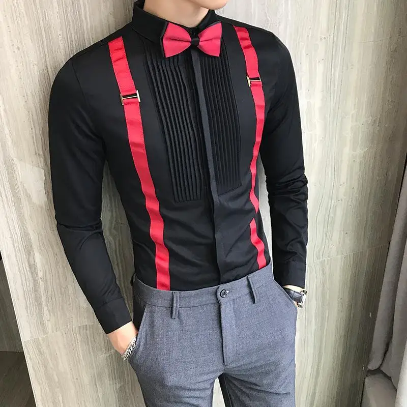 

New Fashion Turn-down Collar Long Sleeve Color Blocking Blouse Men's Clothing Slim Nightclub Korean Party ShirtsYY30