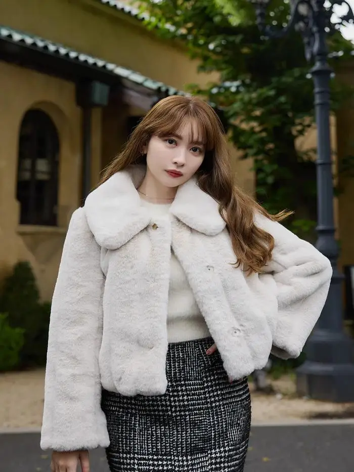 Her24 Winter New Pure Color Flip Collar Faux Fur Coat Jaet Women's Top Sweet Sle Long Sve Straight Cut Buxom Design