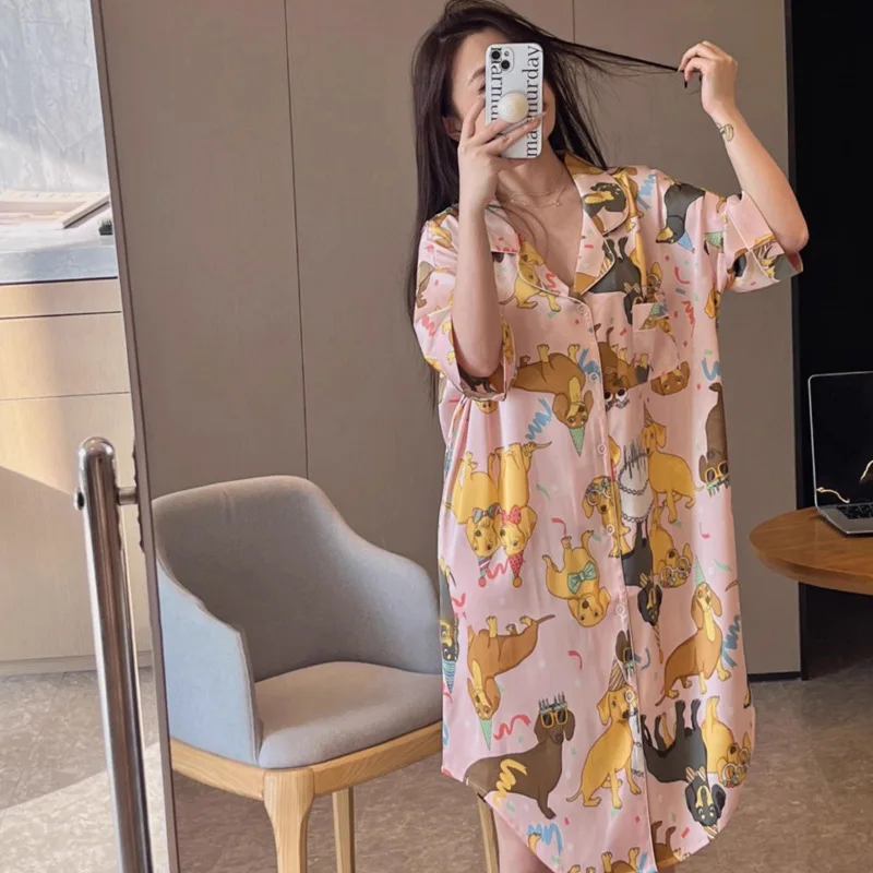 Summer Women Cardigan Pajamas Dress Ice Silk New Cartoon Animal Printed Nightgown Lapel Short Sleeves Nightdress Cool Night Gown