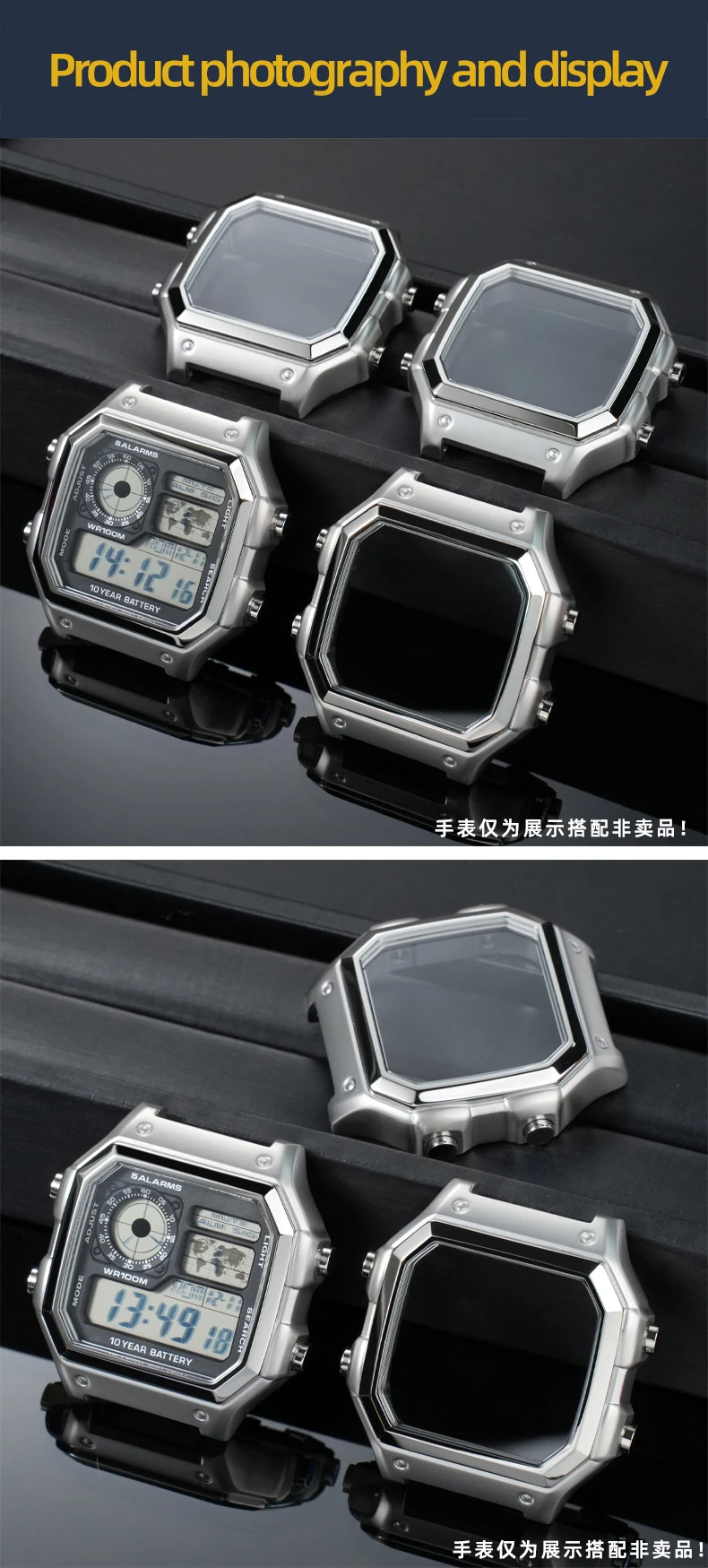 Für Casio 3299 AE-1200WH Uhrengehäuse, modifiziertes AE1200 Edelstahl-Uhrengehäuse, Metallgehäuse mit wasserdichtem Ring, Schwarz und Silber – Detail 9