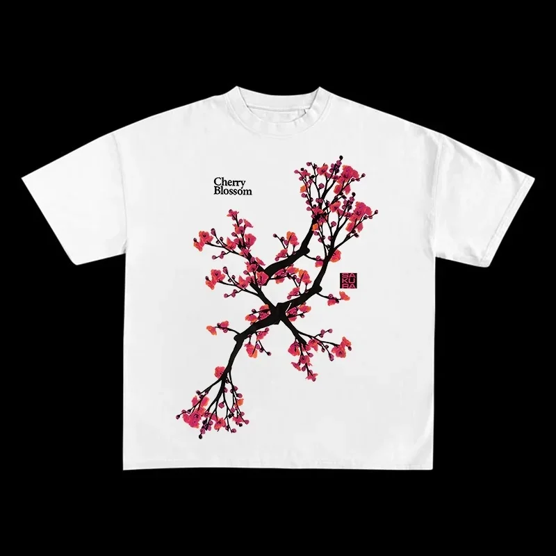 2026 New Unisex Aesthetic Tee Oriental Sakura Flower Branch Print Casual Street Short Sleeve T‑Shirt Tops