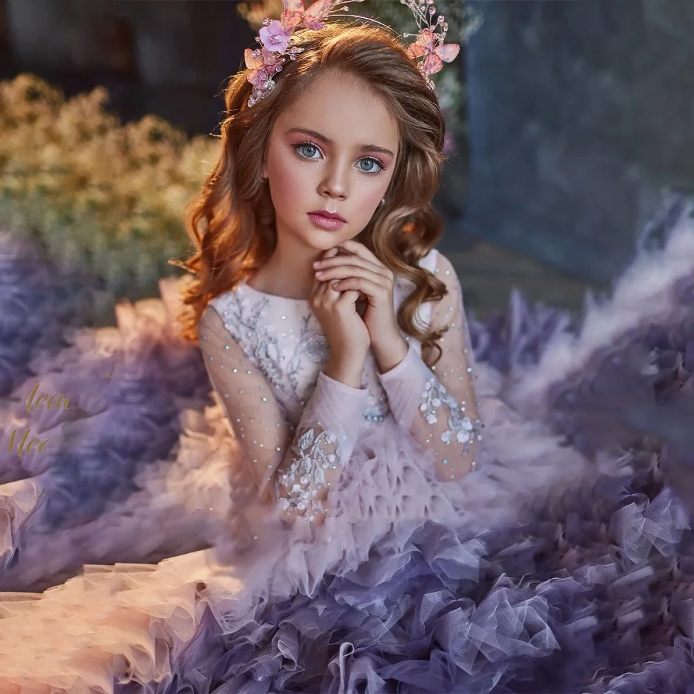 Meadow Lilac Princess Girls Dress Round Neck Long Sleeve First Communion Gown    Children Birthday Wedding Dresses
