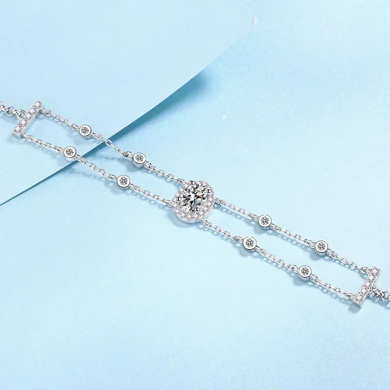 Personalized Style 1Ct Moissanite D Color Diamond Bracelet, Classic Women's Platinum PT950 Double Chain for Girlfriend Jewelry