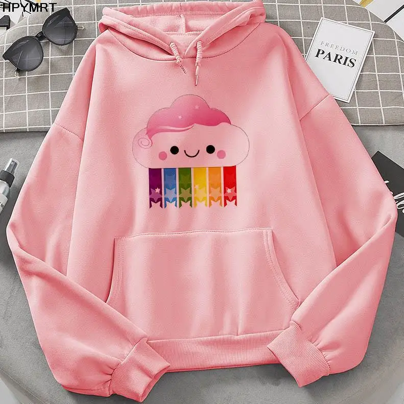 2022 Autumn Winter Large size Women's Sweatshirt rainbow cloud Cartoon Printing long sleeves pocket Hoodie Kawaii Female Clothes