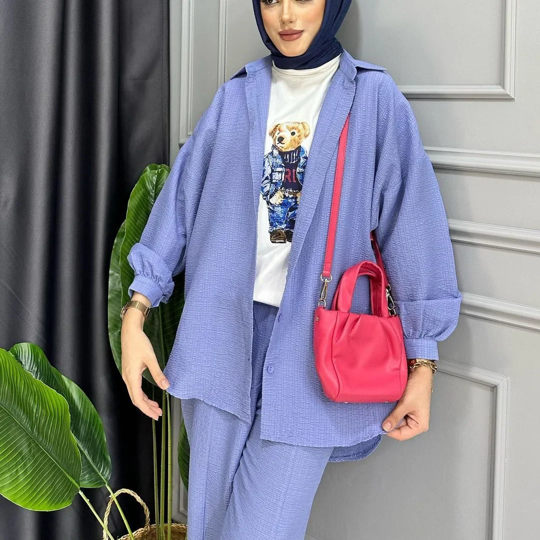 Women Eid Muslim Sets Single Breasted Two Pieces Cardigan Ensemble Kaftan Button Blouses Wide Leg Pants Arab Sporty Loose