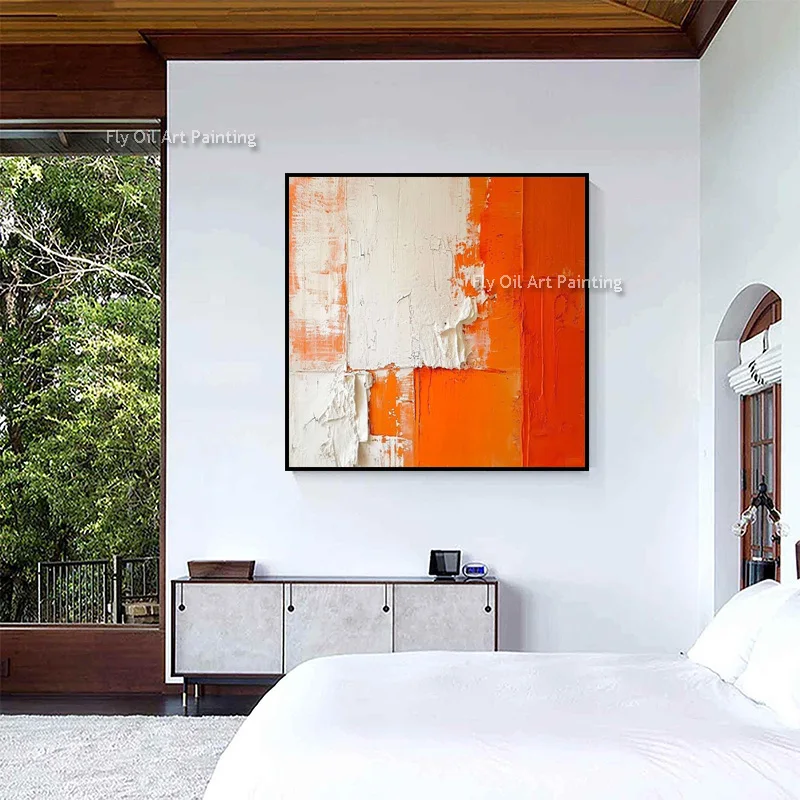 100% Hand Painted Orange Geometric Impasto Wall Art, White Orange Patch Texture Painting, Bright Home Decor For Living Room
