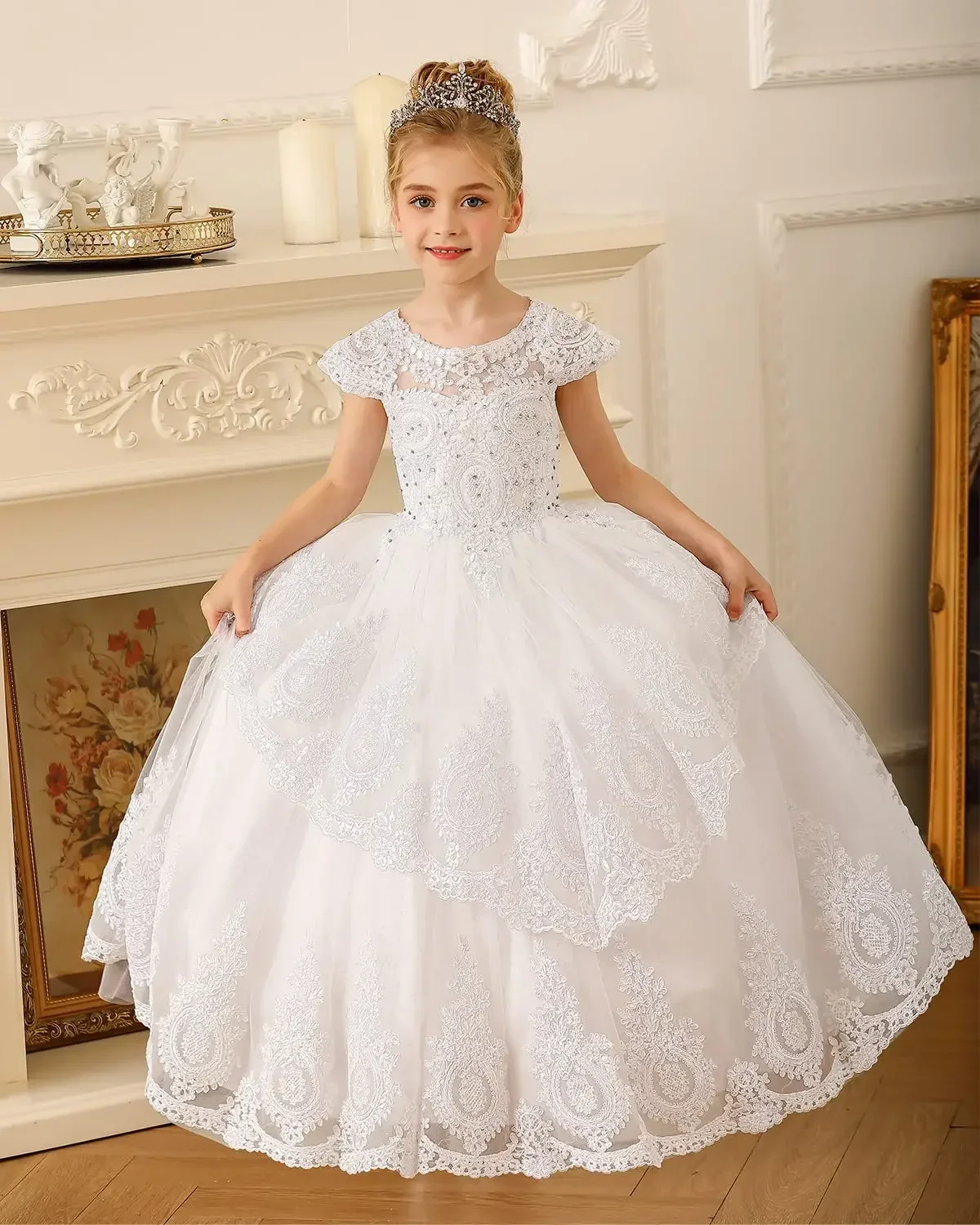 Fower-vestidos de novia para niña, Mangas de casquillo, Pagenat, vestido largo para niños pequeños, Apliques de encaje de cuentas, vestidos de primera comunión, blanco