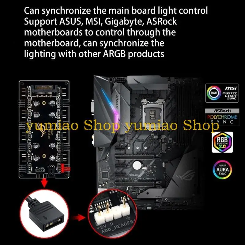 

587B 12V 4Pin RGB 5V 3 Pin ARGB Splitter Hub Fan Power Extension Adapter RGB Light