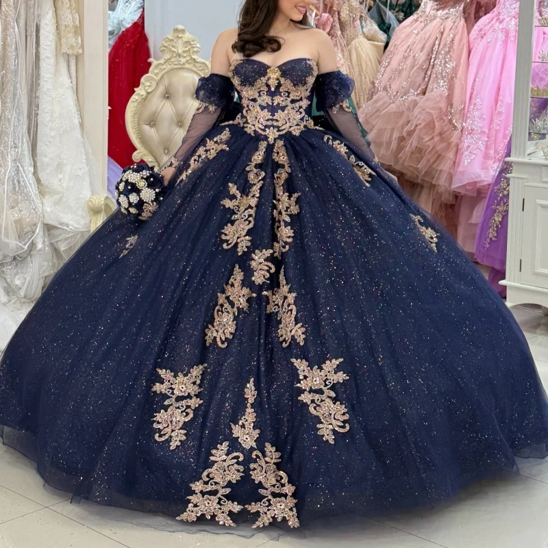 

Navy Blue Shiny Ball Gown Quinceanera Dresses Off The Shoulder Applique Lace Beads Bow Tull Party Birthday Sweet 16 Dress Vesti