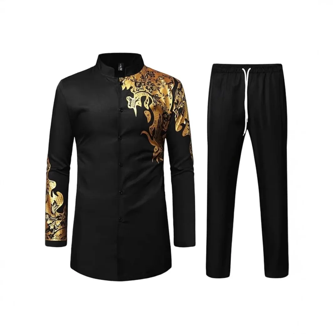 

Middle East Sets Men Two Pieces Muslim Single Breasted Hot Stamping Stand Collar Outerwear Loose Casual Nine Cents Trousers