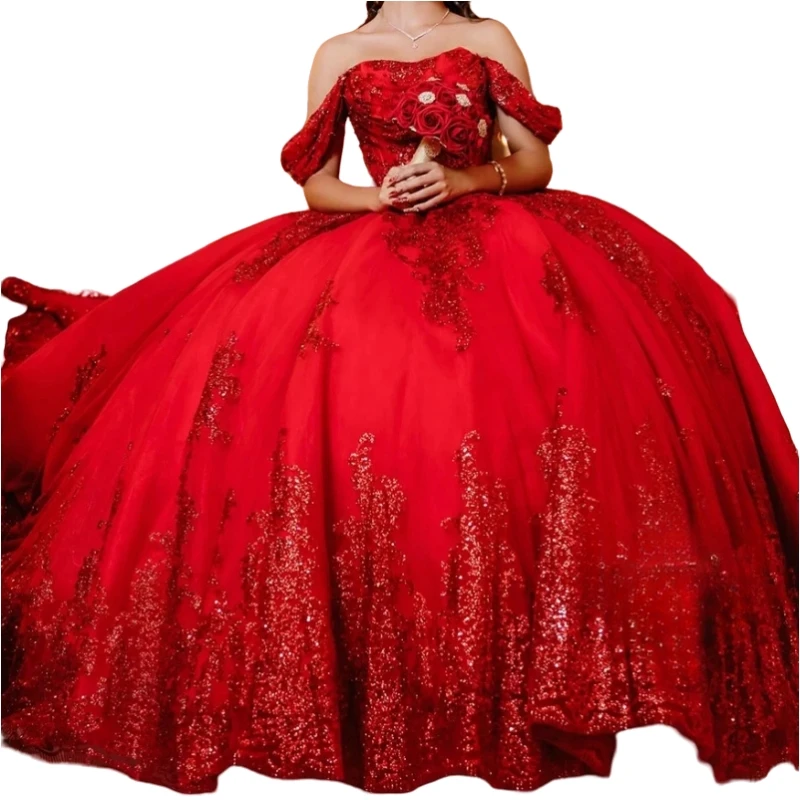 Elegante Rode Quinceanera Jurken Baljurk Off Shoulder Shinny Corset Vrouwen Prom Verjaardagsfeestje Jurk Vestidos De 15 Años 16 Jaar