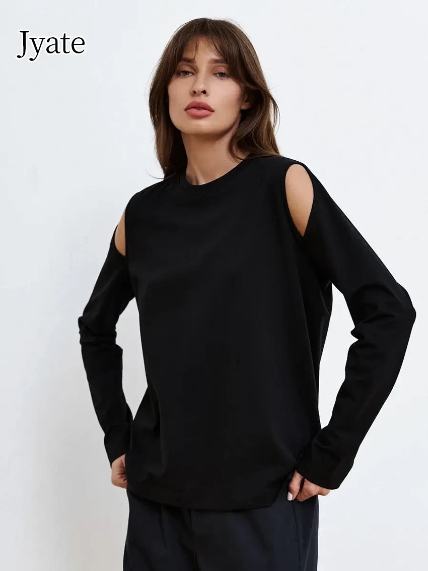 

Jyate Black Pure Cotton Off Shoulder Women's Tops Hollow Round Neck Elastic Basic T-shirt Casual Fashion Tee Woman Clothes