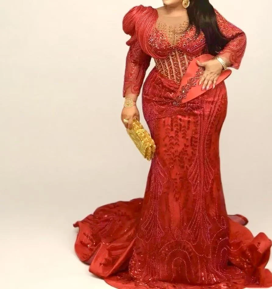

Luxury Long Sleeves Mermaid Formal Evening Dresses Hot Red Beading Birthday Prom Gowns Black Girl Cocktail Customized