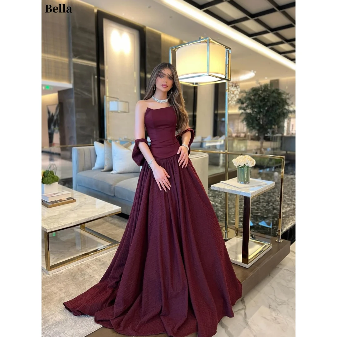 Vestido de Baile Borgonha Personalizado Bella em Crepe Elegante Modelo A-Line Tomara que Caia com Corpete e Capa Especial para Noite Formal