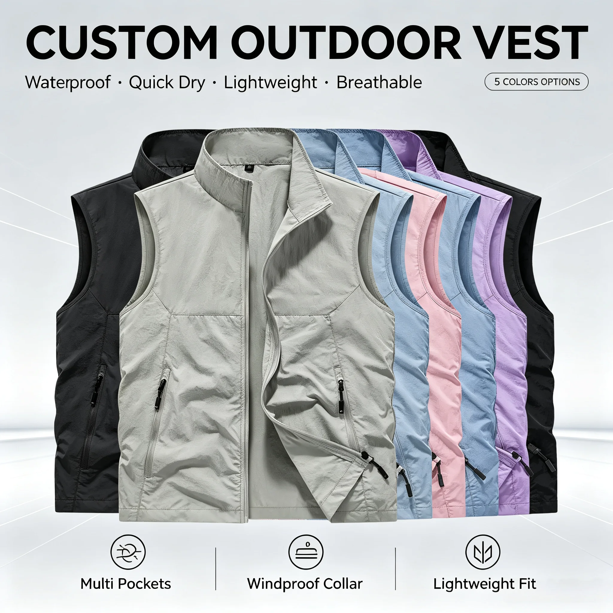 2026 Lightweight Printing LOGO Outdoor Vest Breathable Sleeveless Jacke Casual Fishing Running Gilet with Zipper Pockets