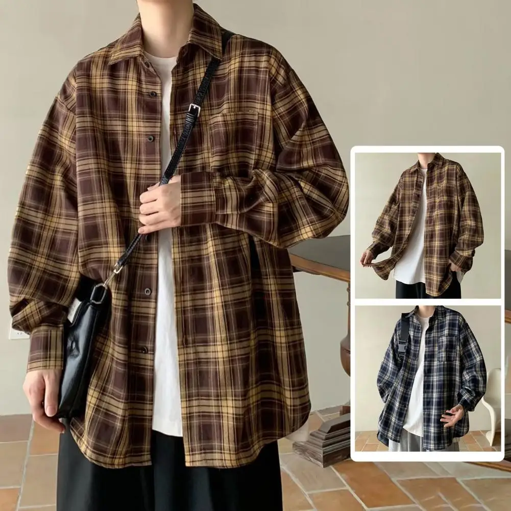 Men Plaid Shirt Coat Plaid Print Men\'s Shirt Coat with Lapel Single Breasted Pocket Casual Jacket for A Stylish Look Plaid Shirt