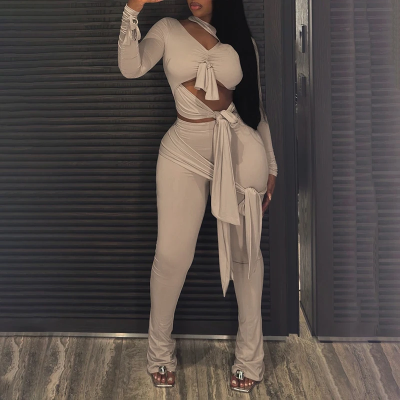 

Модный комплект OMSJ в стиле High Street: асимметричный топ с длинными рукавами и вырезами + брюки на бретельках, с драпировкой, облегающий, сексуальный, для клуба