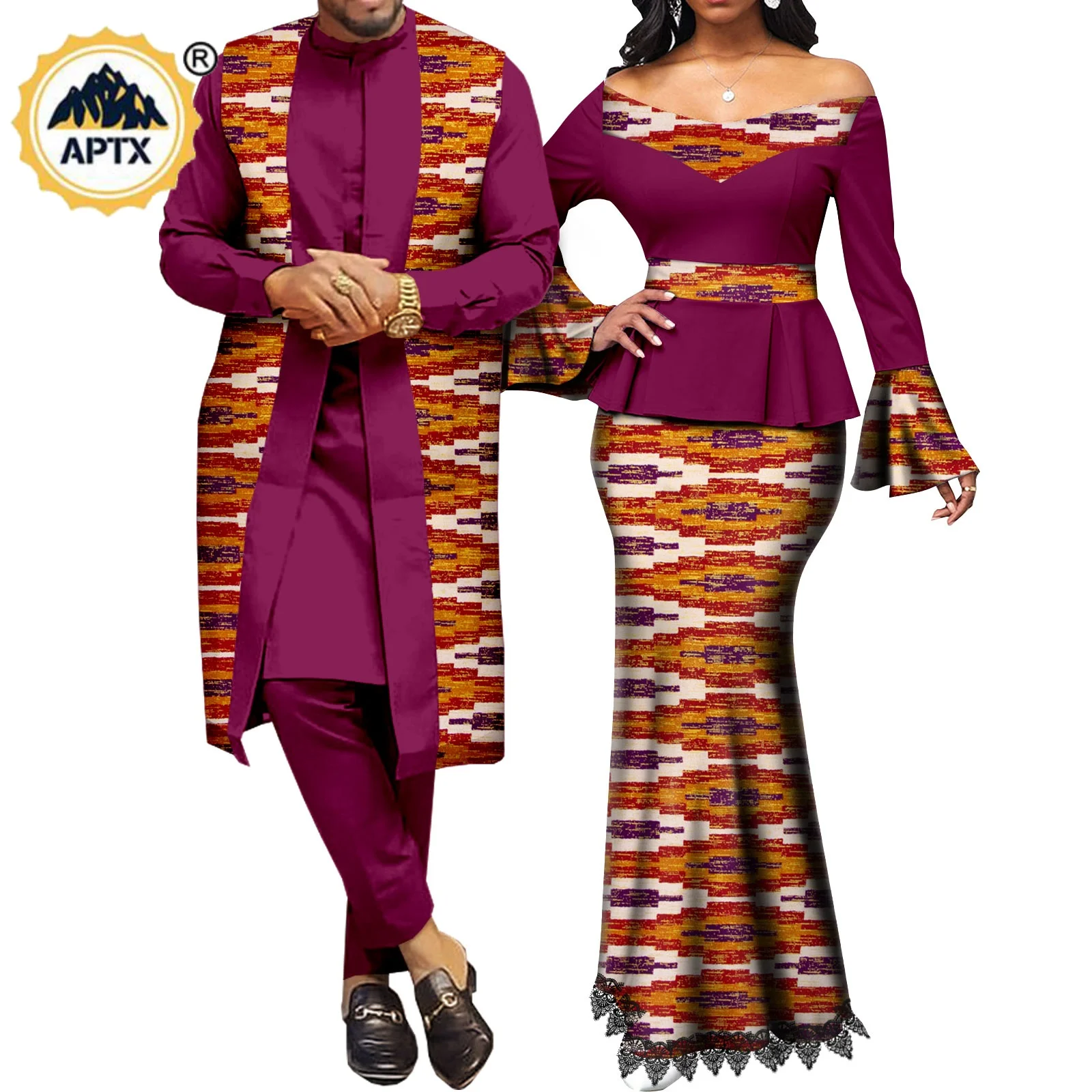 Vestiti africani per le coppie abiti coordinati Metallic Women Print Top in pizzo e gonna a sirena set Dashiki Men Outwear Y22C041