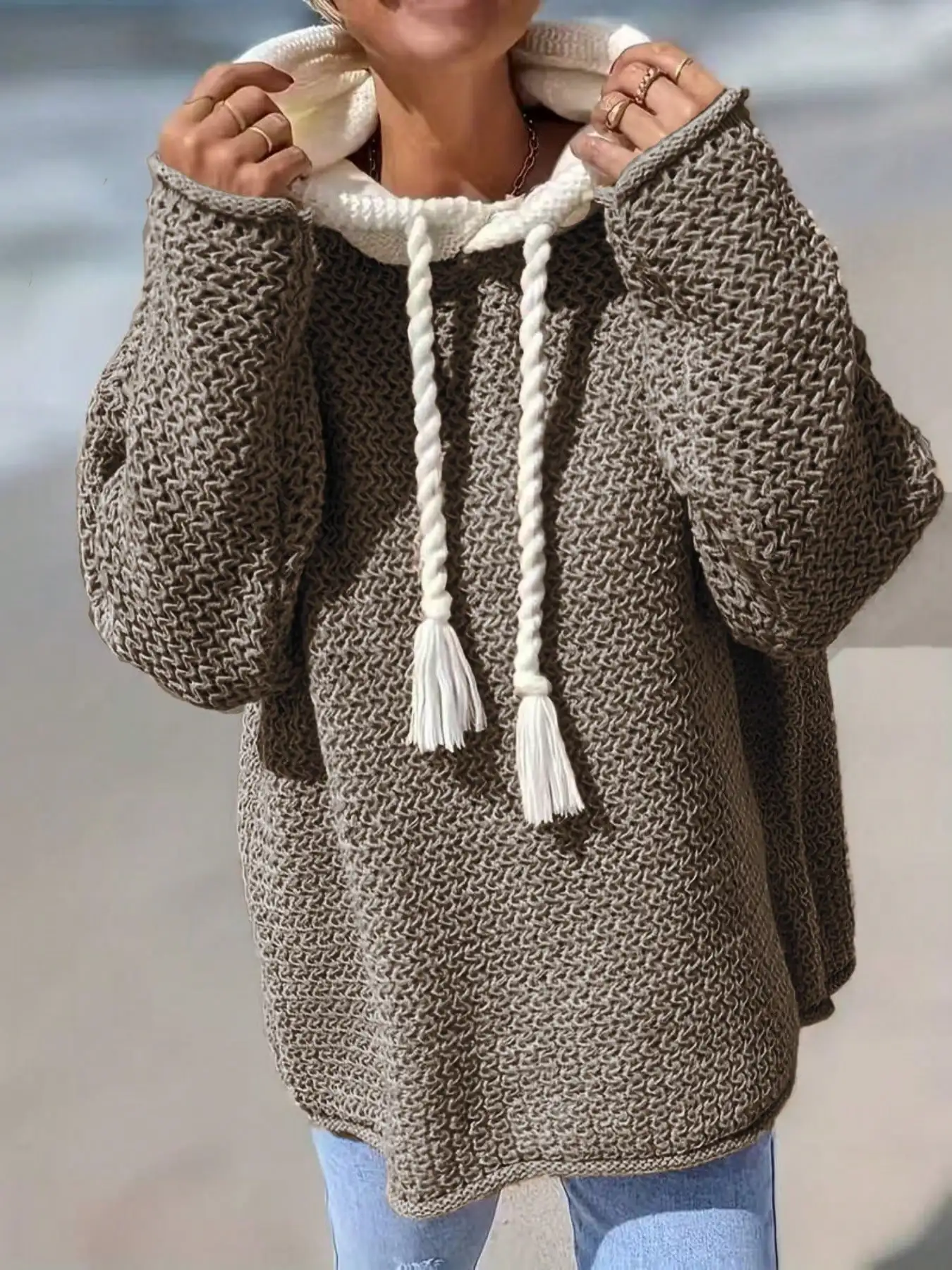 

Oversized Knit Hooded Sweater with Braided Drawstring, Loose Fit Long Sleeve Top for Autumn Winter