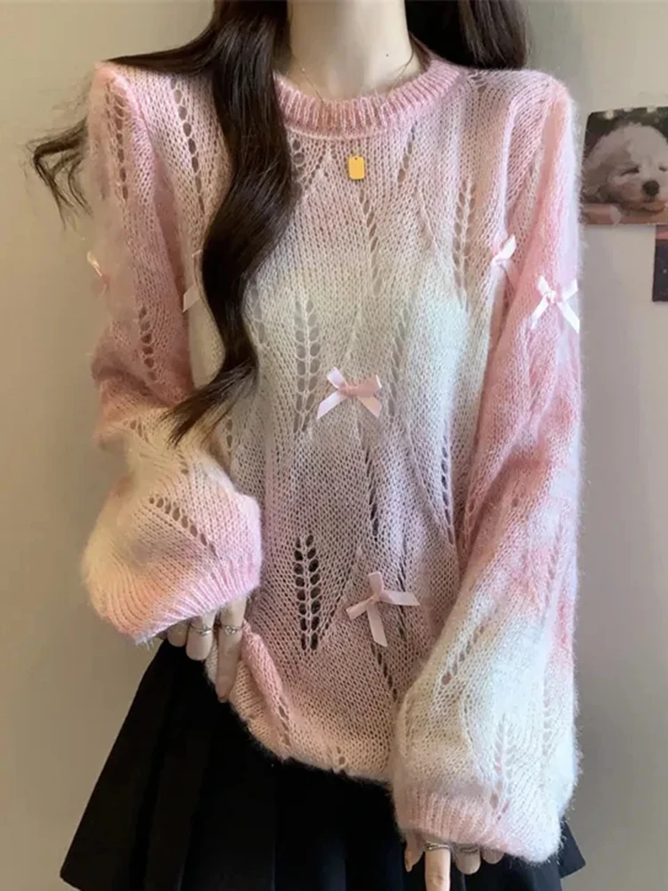 

Sweet Bow Hollow Out Sweaters Women Korean Fashion Gradient Long Sleeve Knitted Pullover Preppy Style Loose Elegant Cute Jumpers