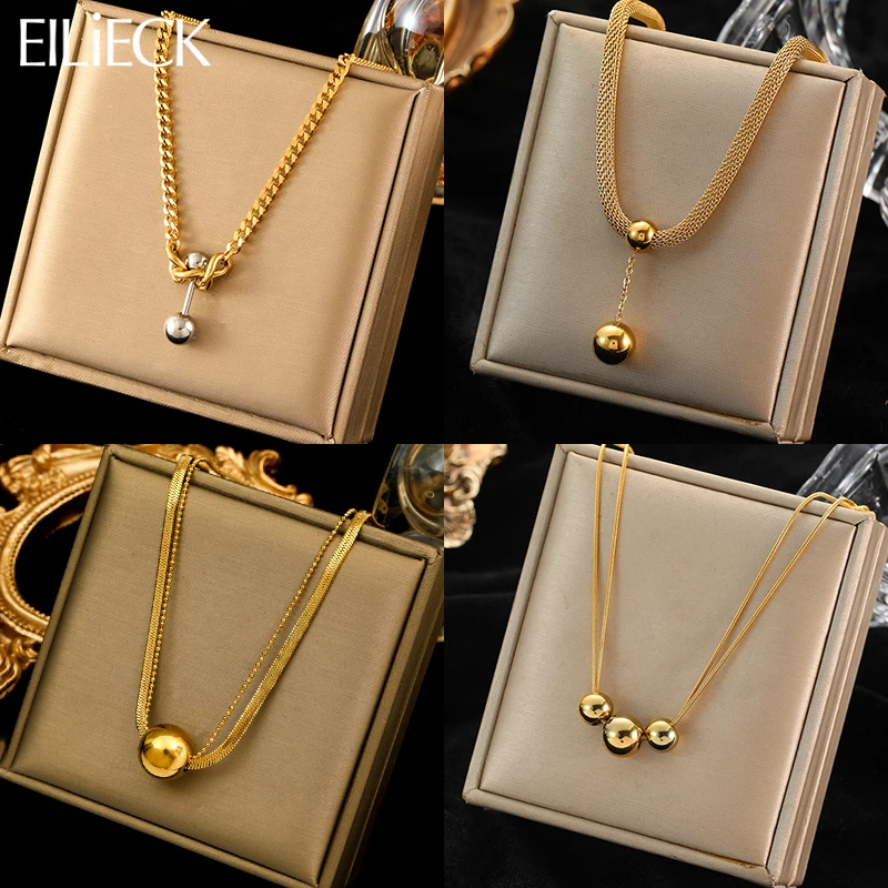 EILIECK 316L Stainless Steel Glossy Bead Ball Pendant Necklace For Women Girl Fashion Waterproof Neck Chain Jewelry Gift Collar