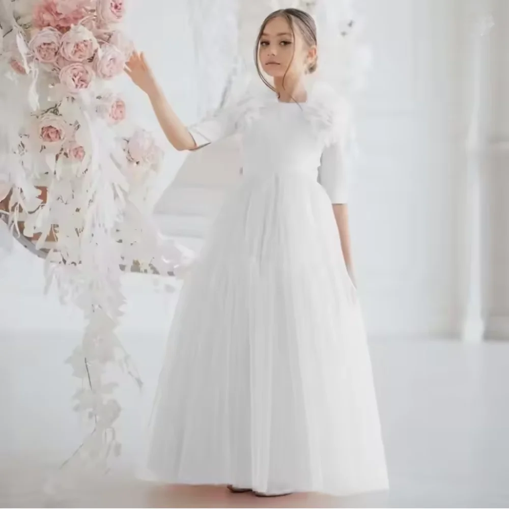Customized Light Pink Flower Girl Dresses Tulle With Bow Half Sleeve For Wedding Birthday Party Banquet Princess Gowns