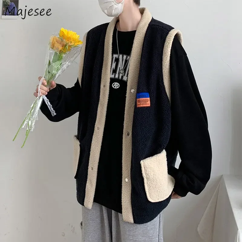 

Vest Men Waistcoats Cool Winter Patchwork Handsome Ulzzang Clothing Sleeveless Japanese Warm Casual Teens College Unisex Retro