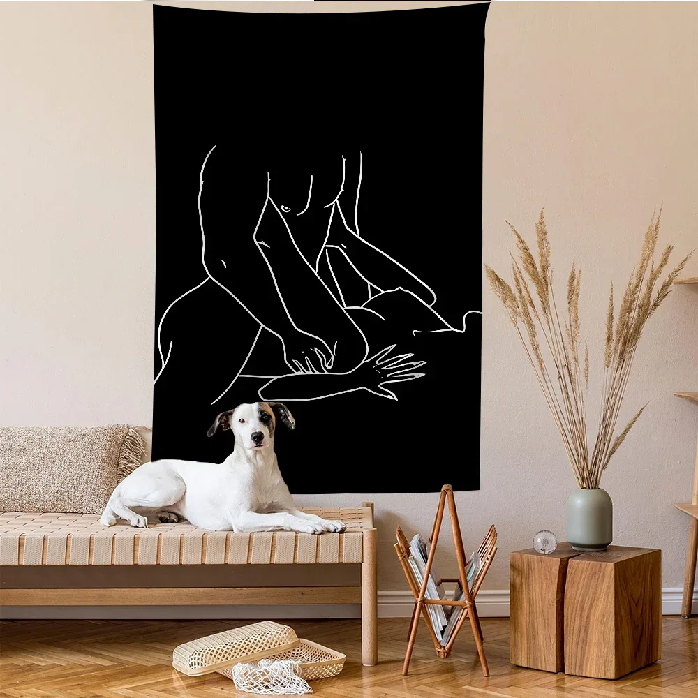 Tapiz de Anime para decoración del hogar, dibujo de líneas, pareja, mano, amor, beso, arte de ciencia ficción, habitación, arte de pared
