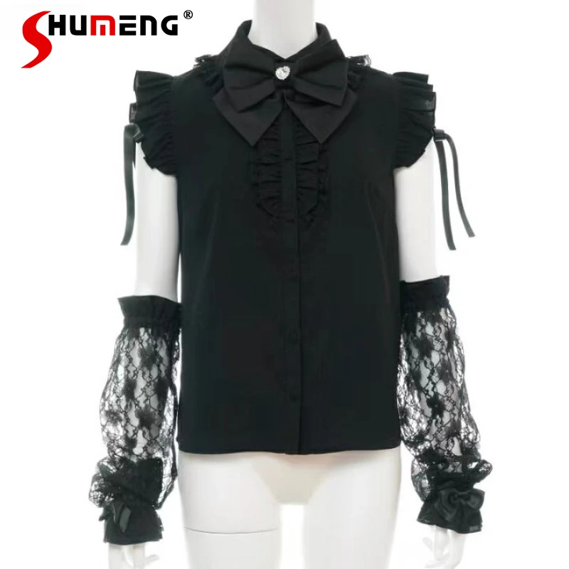 

Japanese SC New Lolita Blouse Mass-produced Short-sleeved Bow Fly-sleeved Lace Sleeves Shirt Black Top Single-breasted Blusas