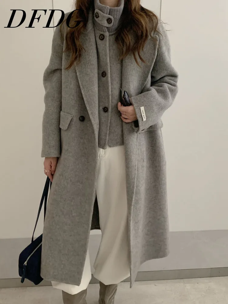 

DFDG Woman's Two-piece Set Of Plain-colored Button-down Turtleneck Jackets Two Buttons 2025 Spring Loose High-quality Long Coat