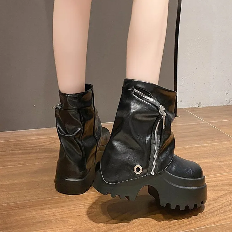 المرأة الخريف الشتاء الجلود حذاء من الجلد 9 سنتيمتر الكعوب منصة مكتنزة أحذية قتالية جديدة عدم الانزلاق دراجة نارية أحذية امرأة فاسق الأحذية