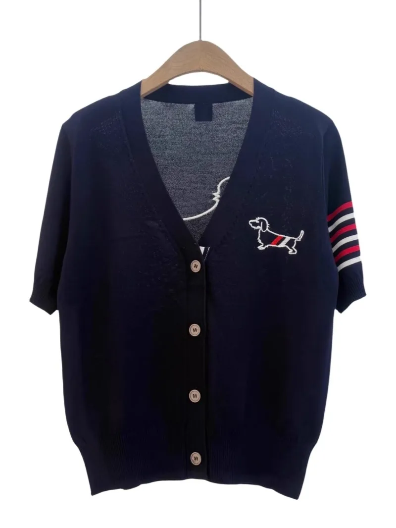 

Spring 2025 New Sle Women's ort Sve round Ne Knitted Sweater Embroidered Doggie V-Ne Open Cardigan Korean Loose Fit