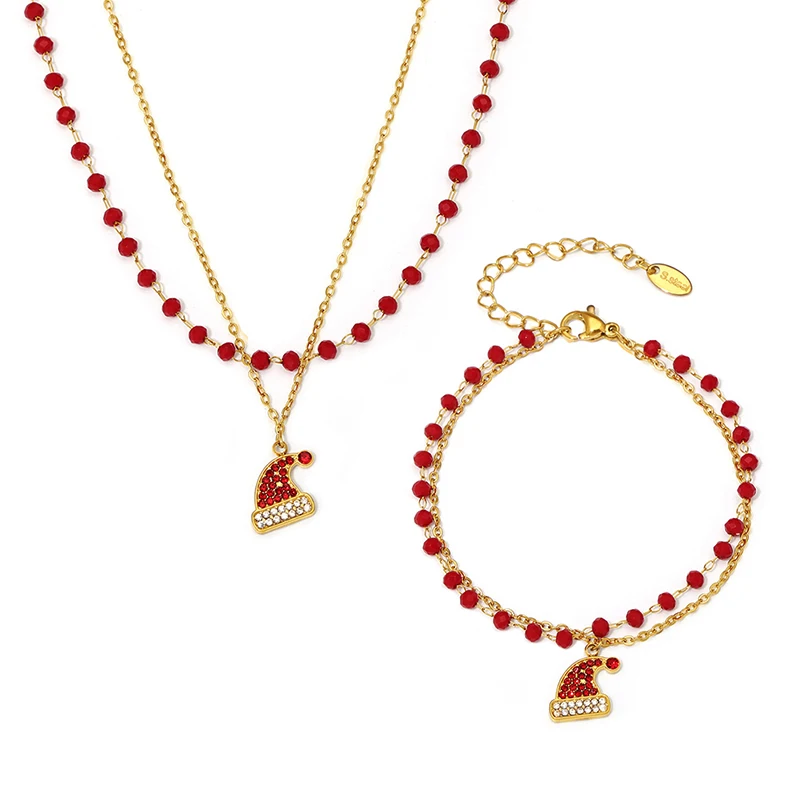 Exquisito Conjunto de Joyería con Colgante de Gorro Navideño para Mujer, con Zirconia, Acero Inoxidable, Granate Rojo, Cuentas y Abalorios, Collar y Pulseras
