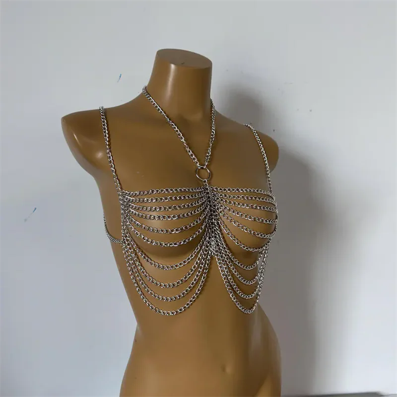 Metall-Körperketten-Crop-Tops Harness für Frauen, mehrschichtige Brust- und Taillenkette, Halskette für Nachtclub-Party, Bikini-Körperketten, verstellbare Überzüge. – Detail 5
