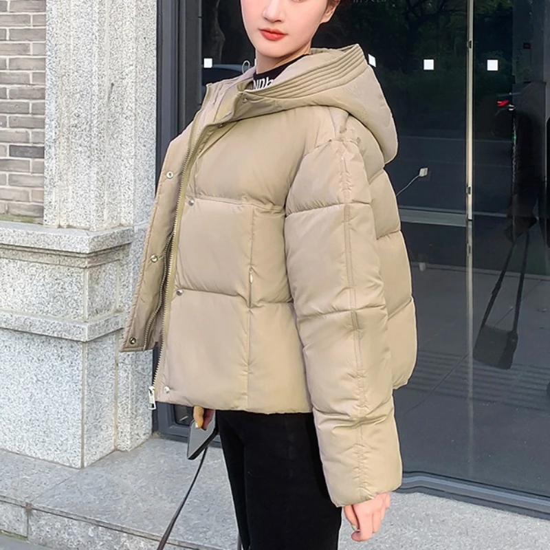 Autumn Winter Thick Padded Cotton Hooded Short Loose Warm Zip Up Detachable Hat Basic Casual Daily Classic Outerwear Padded Coat