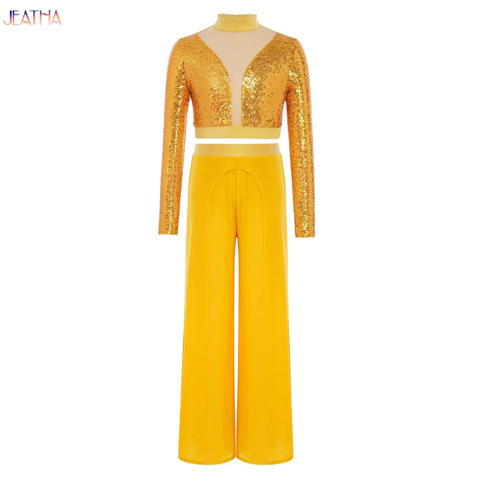 

Kids Girls Latin Dance Set Lyrical Ballet Jazz Dance Costume Long Sleeve Sequin Crop Top with Sheer Mesh Dance Pants Outfit