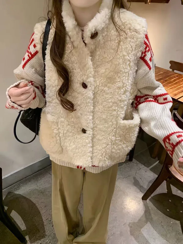 Vintage Lamb Wool Vest Women Autumn Winter Warm Fluffy Hairy Jacket Coat Korean Sleeveless Fur Casual Tank Outerwears Mujer