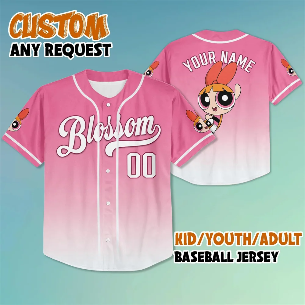 Tout nouveau maillot de Baseball personnalisé Powerpuff pour filles, bulle de fleurs, mode de rue, chemise de Baseball à manches courtes pour hommes et femmes