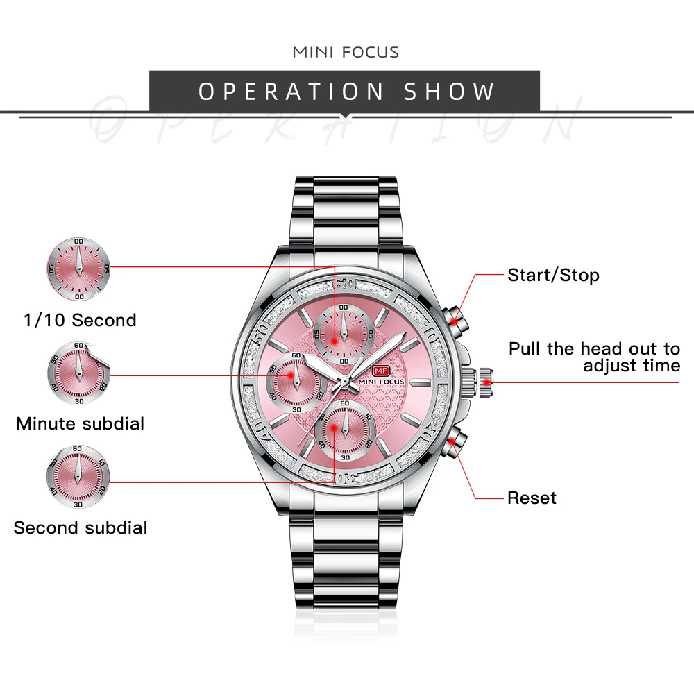 MINI FOCUS Pink Dial Watch for women with Diamonds Luxury stainless steel Bracelet Watch 0615L