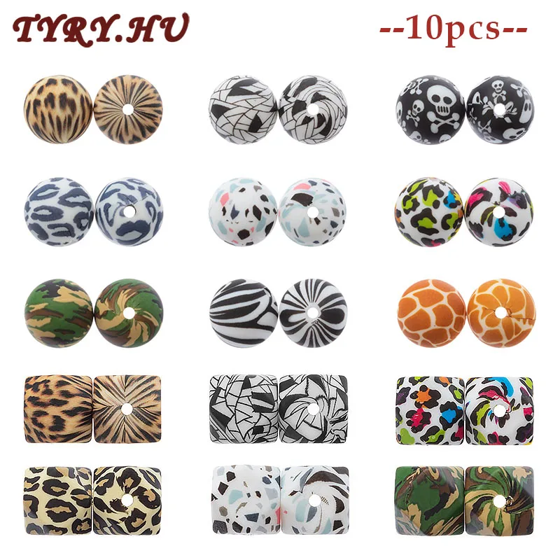 

TYRY.HU 10pcs Round/Hexagon 12-15mm Silicone Beads Terrazzo & Leopard Print Bead BPA Free Baby Chewable Beads DIY Necklace