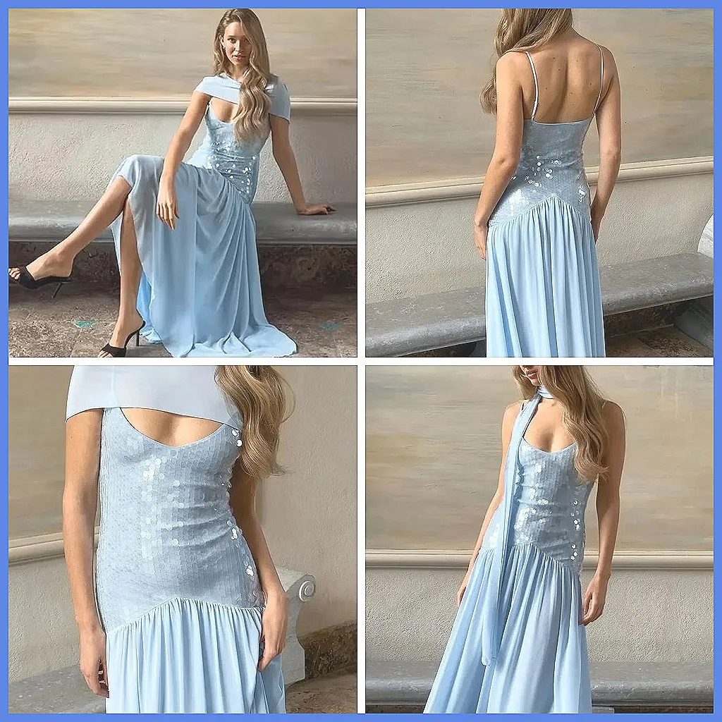 

Elegant Blue Sequin Patchwork Sling Dress, Scarf Collar & High-Waisted Pleated Party Gown 2026