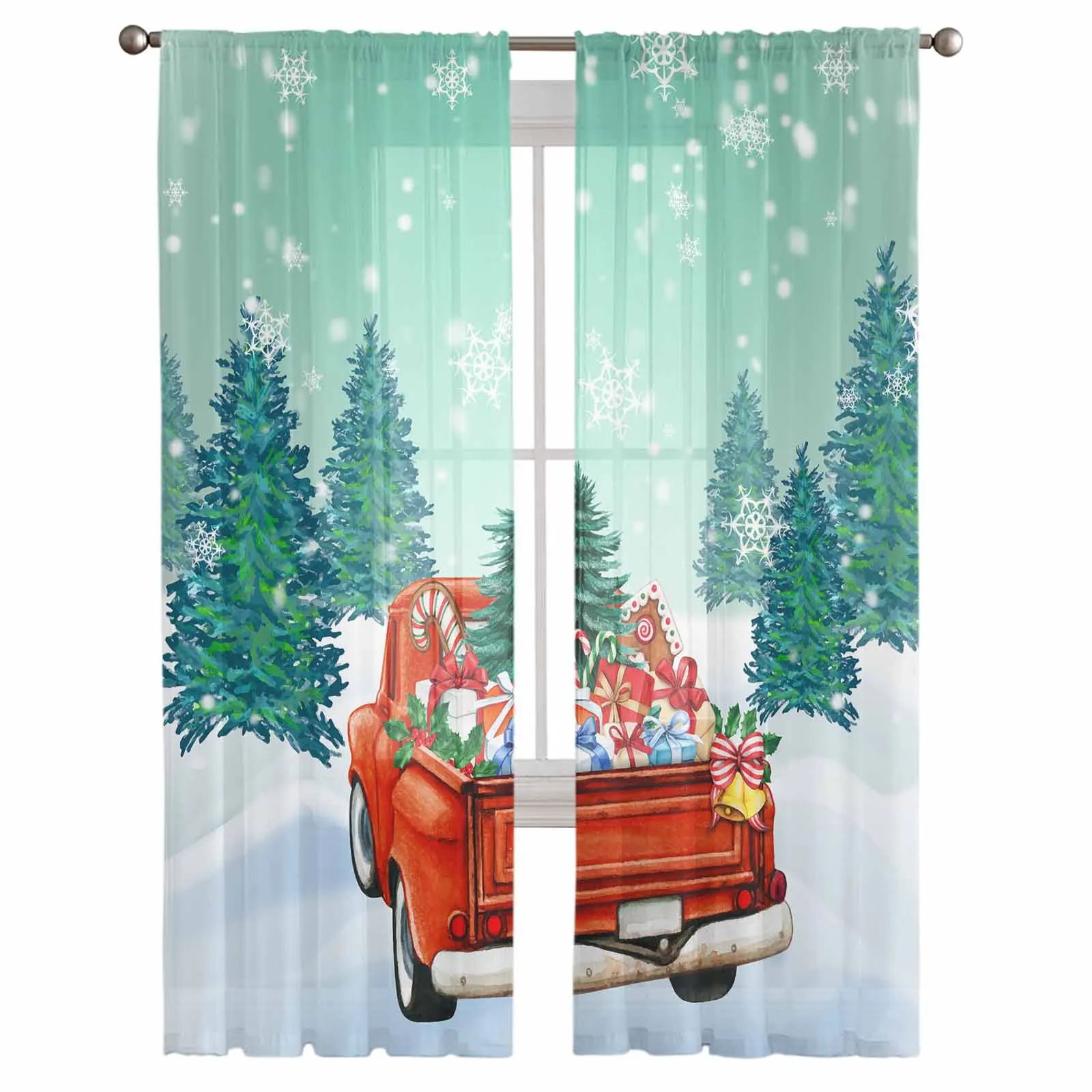 Christmas Truck Gift Forest Snowflakes Window Treatment Tulle Modern Sheer Curtains for Kitchen Living Room Curtains Decor