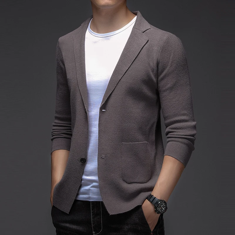 Fashion Unique Suit Collar Men's Knitted Cardigan High-quality Simple Solid Color Comfort Pocket Button New Casual Sweater Coat