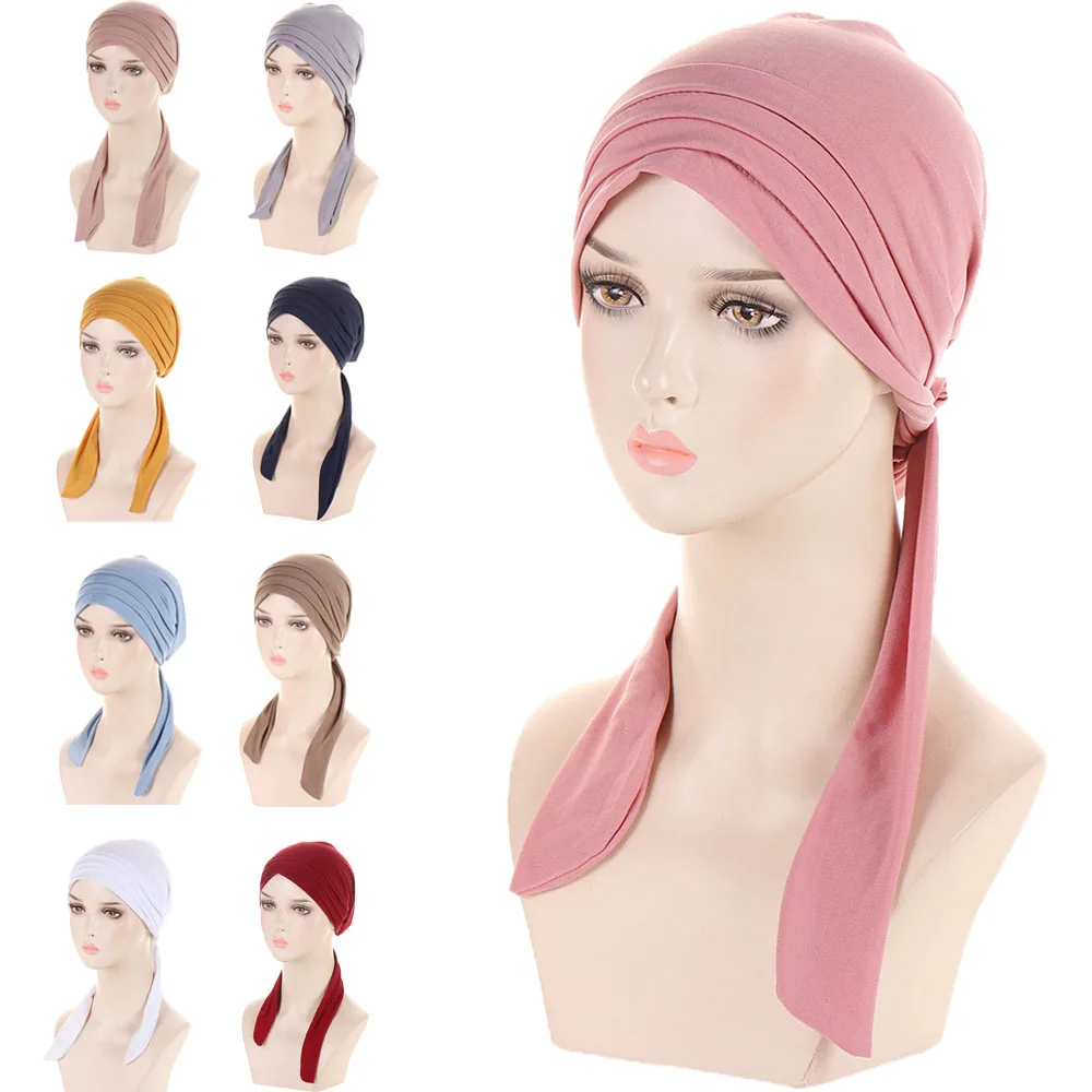 Women Pre-Tied Headscarf Muslim Inner Hijab Hat Female Turban Cancer Chemo Cap Hair Loss Cover Headwrap Headwear Stretch Bandana